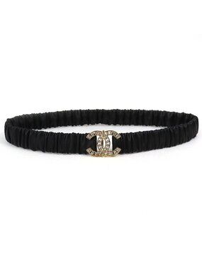 Chanel CC Logo Line Stone Buckle Leather Rubber Belt Black Gold